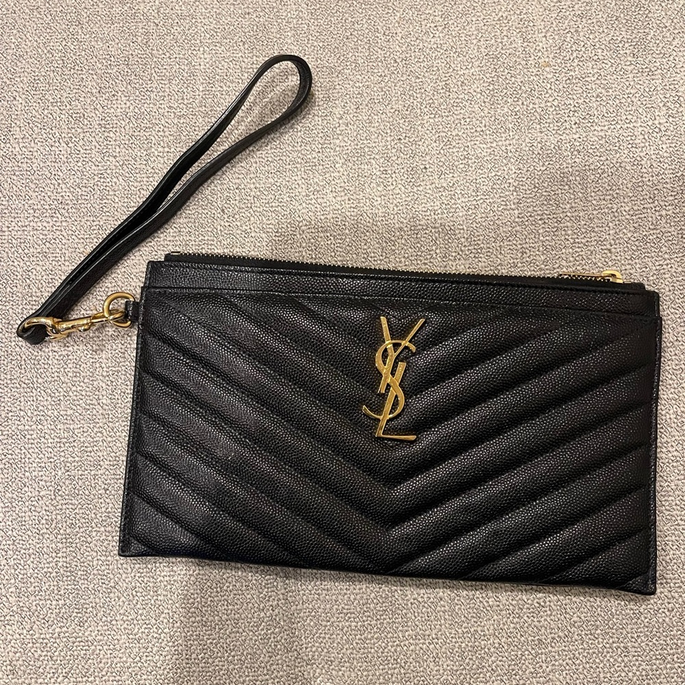 Yves Saint Laurent YSL Black & Gold Monogram large leather pouch